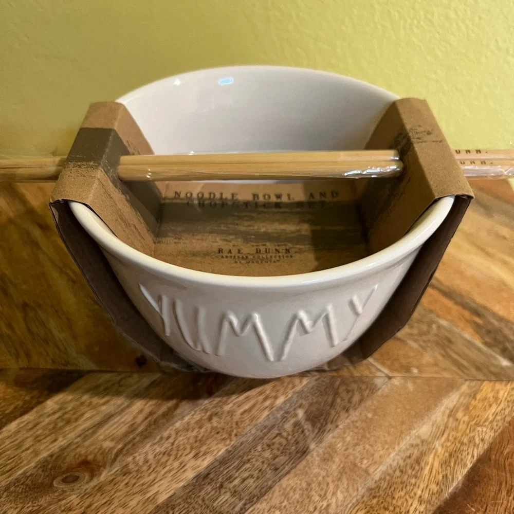 Rae Dunn “YUMMY” noodle bowl and chopsticks set.